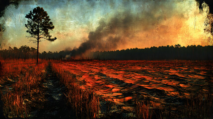 Burnt landscape, fire, trees