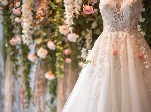 A close-up shot of a breathtaking bridal gown showcasing intricate floral embroidery on both the bodice and hem, capturing the elegance and grace of the design. The gown features delicate, nature-insp