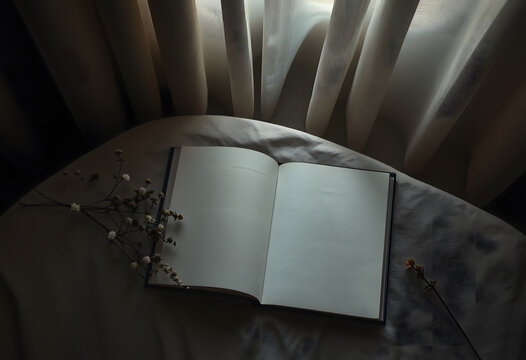 An open book with flowers by the window, Trauer theme.