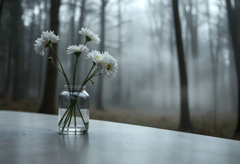 A vase with white daisies in a misty forest, Trauer theme.