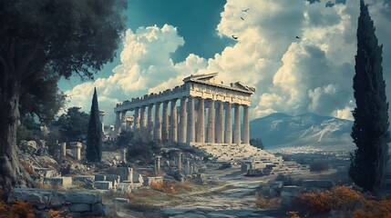 Obraz premium AeriThe Acropolis temple ruins dominated by the Parthenons splendor image