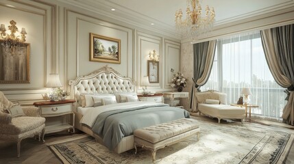 Elegant Off White Bedroom Interior with Crystal Chandelier and Blue Bedding