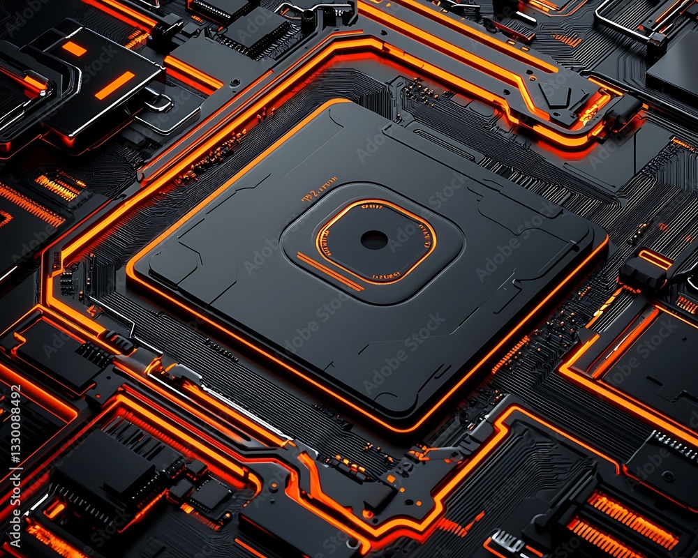 Poster close-up of a futuristic circuit board featuring a dark processor with glowing orange lines and intr