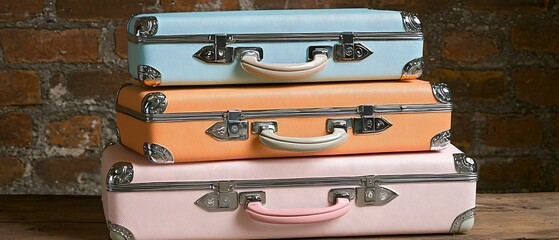Stacked vintage suitcases in pastel colors against a rustic brick wall, evoking nostalgia and travel vibes. retro nostalgia memories throwback concept