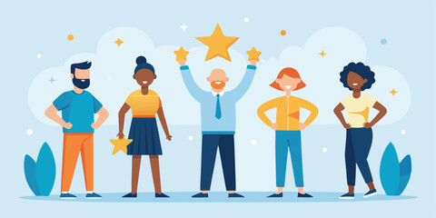 Fototapeta premium Team Success Illustration: Diverse Group Celebrating Achievement with Stars in Flat Vector Design for Business and Recognition Concepts