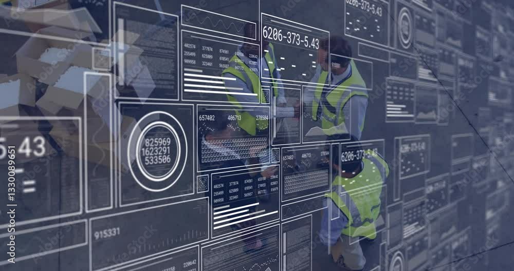 Poster analyzing digital data interfaces and graphs, engineers in safety vests working