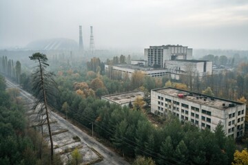Fototapeta premium Exploring the Haunting Remains of Chernobyl's Abandoned Nuclear Site Amidst Overgrown Vegetation Generative AI