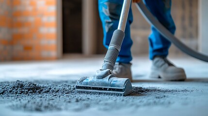 Construction Worker Vacuuming Debris on Site, A construction worker vacuuming debris on a concrete floor in a building site