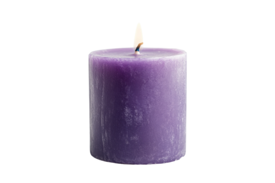 Purple candle with flame isolated on white background, cut out