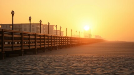 Obraz premium Boardwalk Leading to the Sunrise on a Misty Morning by the Beach