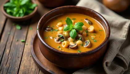 Rich and creamy mushroom soup in a rustic pot on a wooden table, food, table