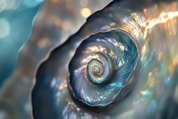 Close-up of an iridescent seashell, showcasing its intricate spiral and mesmerizing colors.