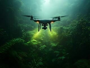 Naklejka premium Drones with advanced lidar scan tropical rainforests, mapping biodiversity and deforestation, showcasing cutting-edge tech for nature conservation, ecological research, and forest preservation.