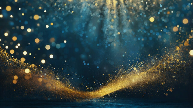 A dramatic dark blue stage with shimmering gold spotlights and glitter. This elegant background is perfect for an award ceremony, anniversary celebration, or a special recognition event.