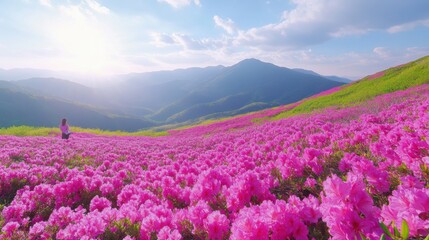 Obraz premium Pink flowers cover a hillside. Mountains stand in the distance under a blue sky with white clouds and sunshine.