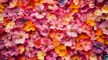 Close up of many colorful cosmos flowers. Full frame floral background. Different shades of pink, orange, yellow, and purple colors.