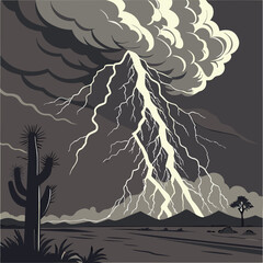 Dramatic Desert Thunderstorm with Lightning Strike Vector Illustration