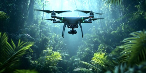 Fototapeta premium Drones with advanced lidar scan tropical rainforests, mapping biodiversity and deforestation, showcasing cutting-edge tech for nature conservation, ecological research, and forest preservation.