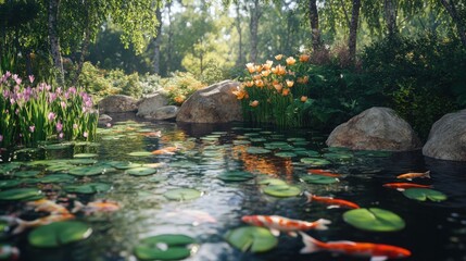 Koi fish swim in pond water with lily pads and rocks. Flowers bloom near water's edge in a sunny forest. Peaceful scene.