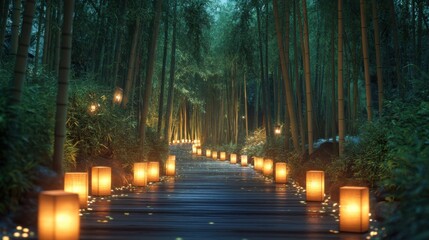 Illuminated lanterns line a wooden path in a dark bamboo forest. Warm light glows, creating a serene and mysterious atmosphere through the tall green trees.