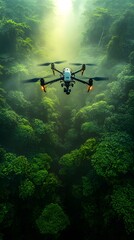Fototapeta premium Drones with advanced lidar scan tropical rainforests, mapping biodiversity and deforestation, showcasing cutting-edge tech for nature conservation, ecological research, and forest preservation.