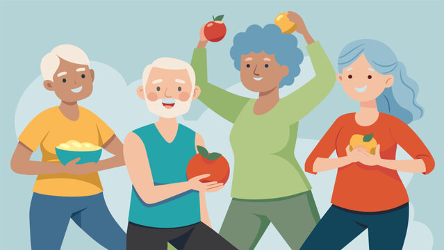 A group of seniors take part in a gentle exercise class after their nutritious meal enjoying the benefits of a wellrounded wellness program provided by the Elder Nutrition Program.. Vector