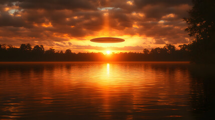 Unbekanntes Flugobjekt &uuml;ber einem See bei Sonnenuntergang  
