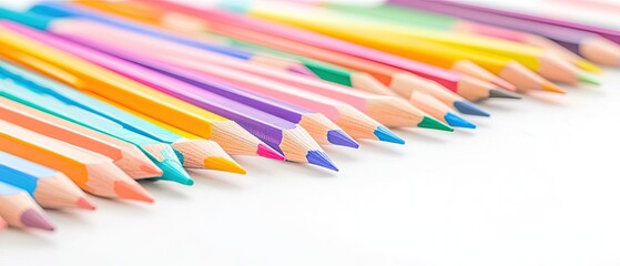 Fototapeta premium Colorful Pencils Arranged in a Row on White Background