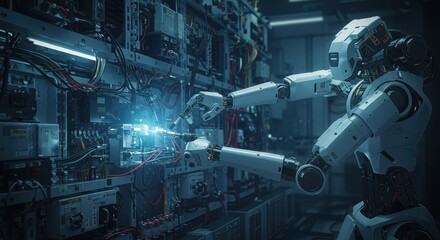 A humanoid robot is repairing electrical components in a high-tech laboratory filled with machinery
