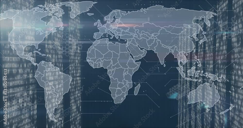 Poster world map with digital data processing animation over skyscraper background