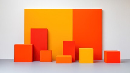 Obraz premium Abstract Geometric Composition: Vibrant Orange and Yellow Cubes Against a Bold Background
