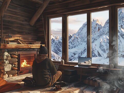 A digital nomad working remotely in a cozy mountain cabin, enjoying a hot cup of tea beside them while typing on a laptop.