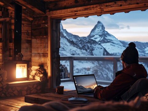 A digital nomad working remotely in a cozy mountain cabin, enjoying a hot cup of tea beside them while typing on a laptop.