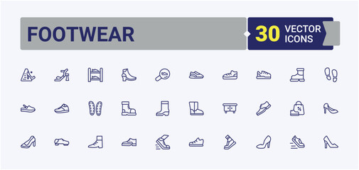 Footwear minimal icon set. Containing heel, fashion, wear, foot. Shoe icon collection. Line icon with editable stroke. Signs for web and mobile app.