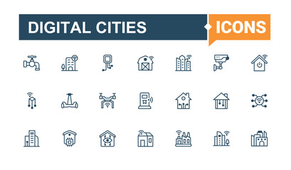 Digital Cities icon collection. Pack of building, urban, environment, transport, smart, internet, future. Smart Cities icon set. Flat icon. Vector illustration in modern line style.