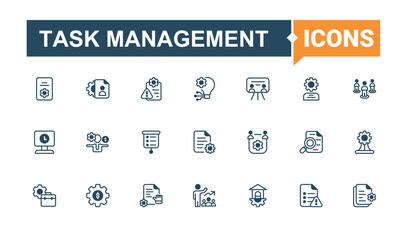 Task Management icon. It contains symbols to team, implementation, marketing, communication, set and more. Project Management icon pack. Icons for design. Vector outline and solid icons collection.