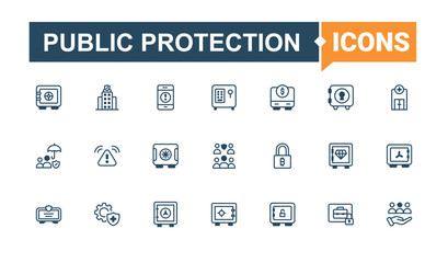 Public Protection line icons. Included family, public, people, set, at, security and more. Public Safety modern icons set. Icon design. Modern vector UI symbol.