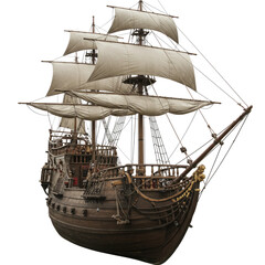 Naklejka premium Vintage Wooden Sailing Ship Model, Historic Maritime Vessel with White Canvas Sails, Nautical Antique Galleon for Collection or Display, Naval History Heritage
