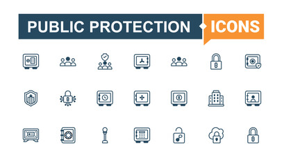 Public Protection line icons. Included family, public, people, set, at, security and more. Public Safety modern icons set. Icon design. Modern vector UI symbol.
