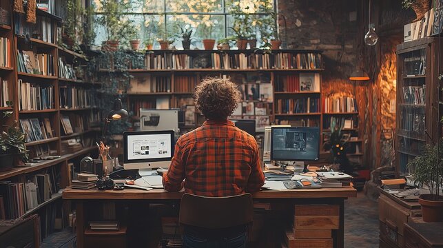 Copy Editor Perfecting Marketing Material in a Cozy, Book-Lined Workspace

