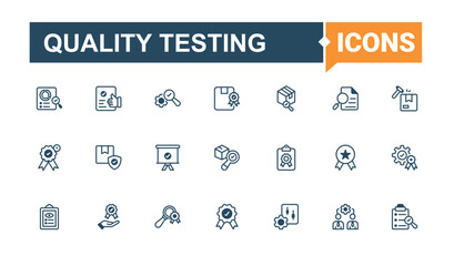 Quality Testing linear icon collection. Includes thin line standard, certification, control, checklist, product. Quality Control icon set. Line symbol. Vector solid mix icons and illustration.