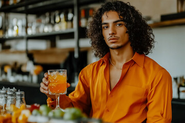 Young man with curly hair holding cocktail at bar. His stylish appearance and colorful drink create professional bartender or social nightlife portrait in upscale establishment setting.