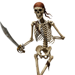 Pirate skeleton warrior with curved sword, bandana and battle stance, Halloween decoration concept, Fantasy and mortality themes