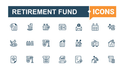 Retirement Plan minimal icon set. Pack of elderly, retire, pension, insurance, retirement and more. Outline symbol collection. Deposit modern icons set. Collection of simple line web icons.