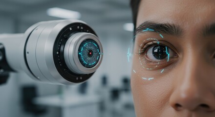 A robotic eye scans an iris in a modern office, showcasing technological progress