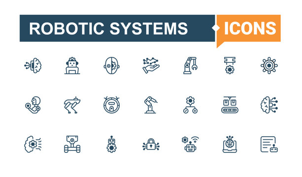 Robotic Systems icon.  Contains such icons as science, robot, machine, bot, ai, robotic, artificial, tech. Robotics icons set. UI icon set in a flat design. Outline and solid pictogram.