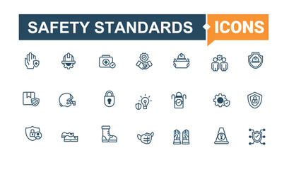 Safety Standards icon collection. Includes thin line protection, lock, security, protect, safe and more. Safety minimal icon set. Pixel perfect. Line and solid illustration.