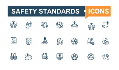 Safety Standards icon collection. Includes thin line protection, lock, security, protect, safe and more. Safety minimal icon set. Pixel perfect. Line and solid illustration.