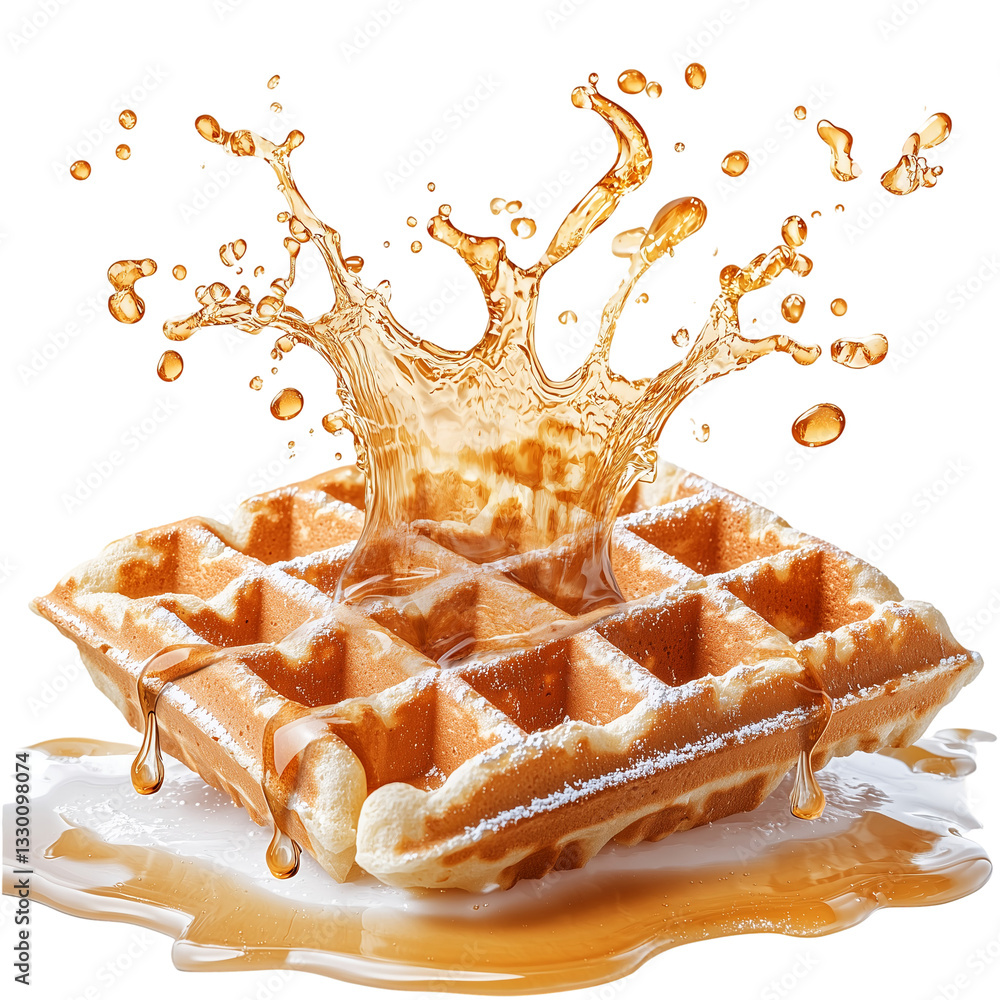 Poster crispy waffle with syrup splash in motion isolated on transparent background
