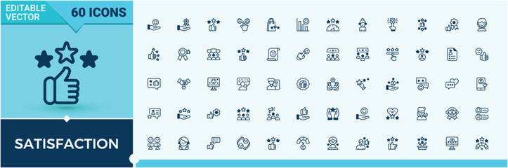 Set of Satisfaction line icons. Contain linear sign check, business, service, customer, feedback and more. Web icon set. Solid line editable stroke. Vector collection.